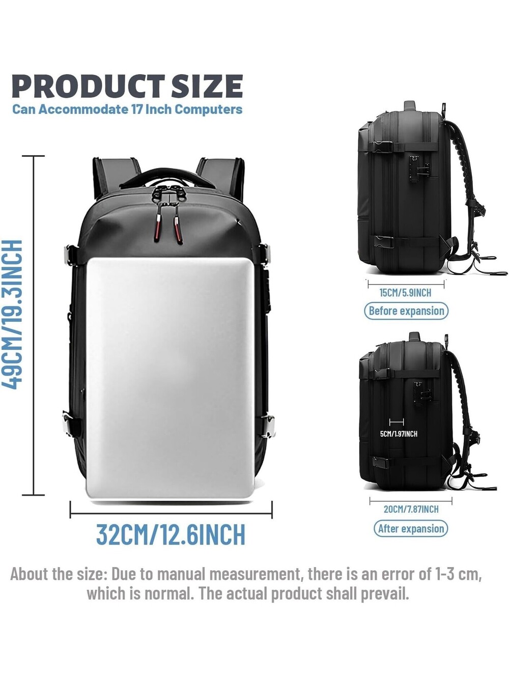 Travel Backpack 40L Expandable TSA Lock Waterproof Carry On Laptop Bag Black NWT